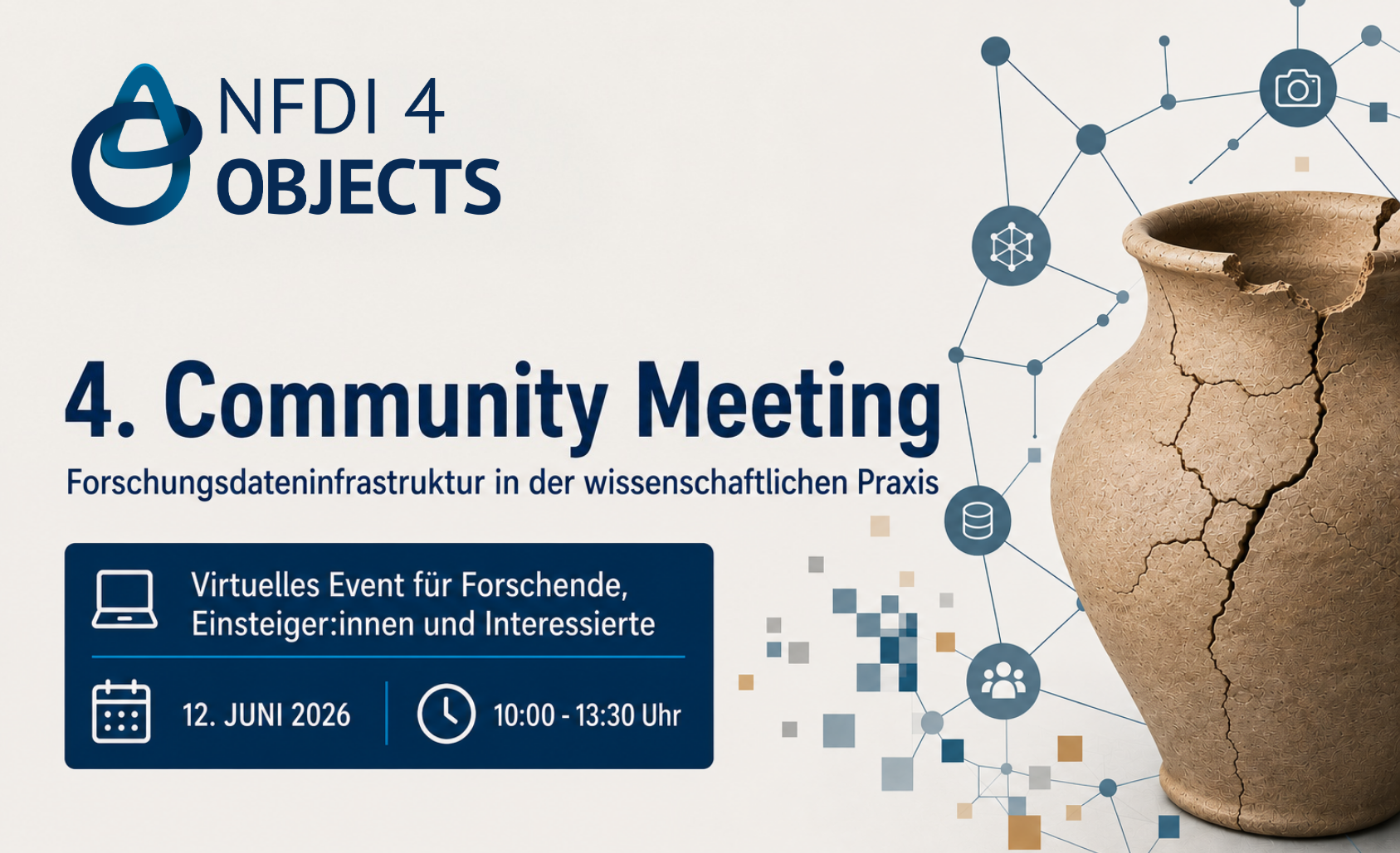 Grafik zur Ankündigung des Community Meetings im NFDI4Objects Corporate Design