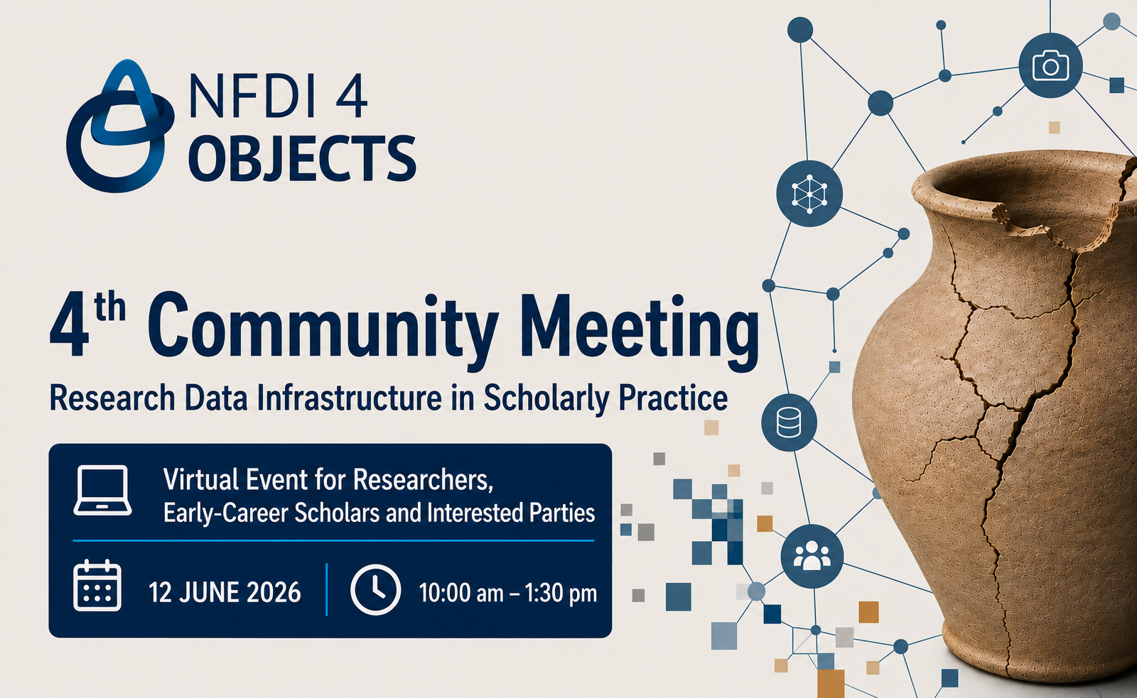 Grafik zur Ankündigung des Community Meetings im NFDI4Objects Corporate Design
