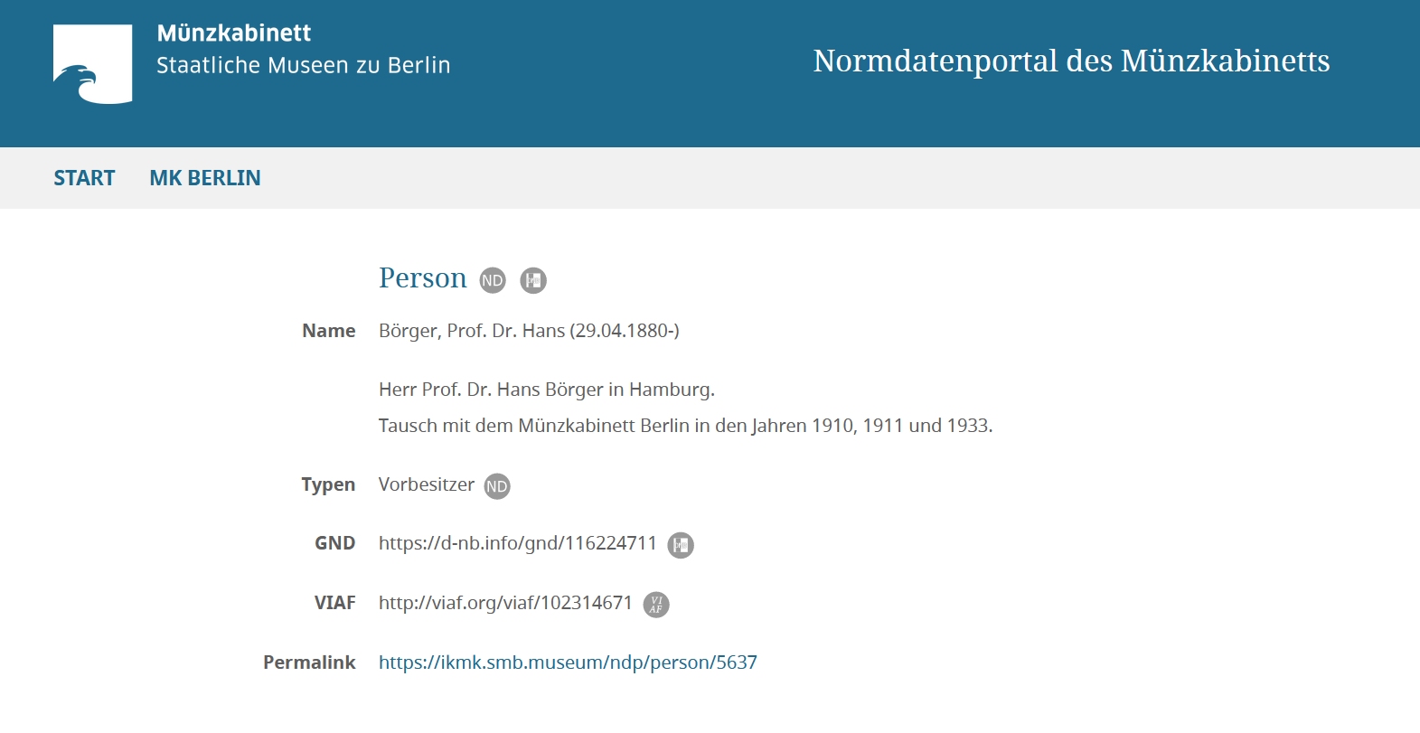 Personeneintrag im Normdatenportal des Münzkabinetts