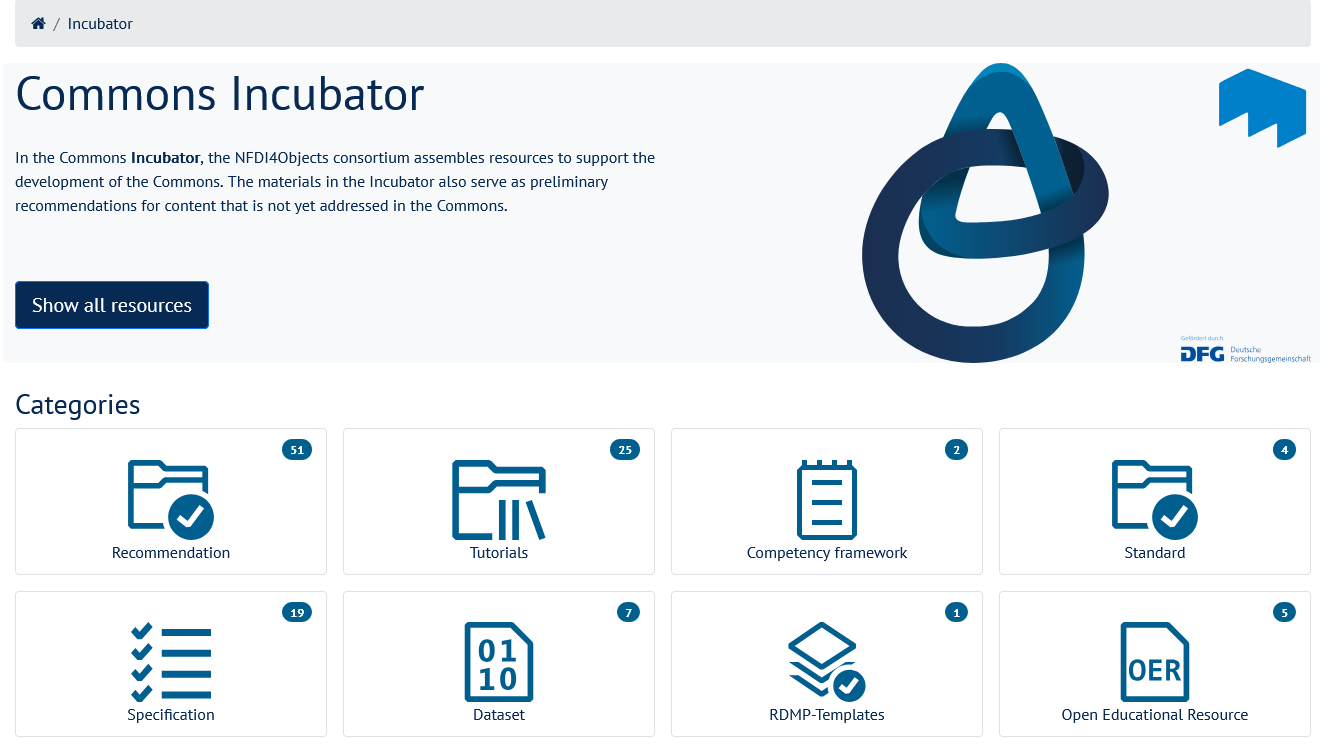 Screenshot of the Incubator with categories