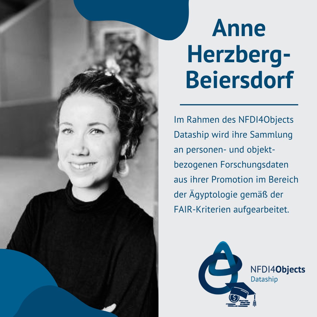 Bild von Anne Herzberg-Beiersdorf mit Text: Im Rahmen des NFDI4Objects Dataship wird ihre Sammlung an personen- und objektbezogenen Forschungsdaten aus ihrer Promotion im Bereich der Ägyptologie gemäß der FAIR-Kriterien aufgearbeitet.